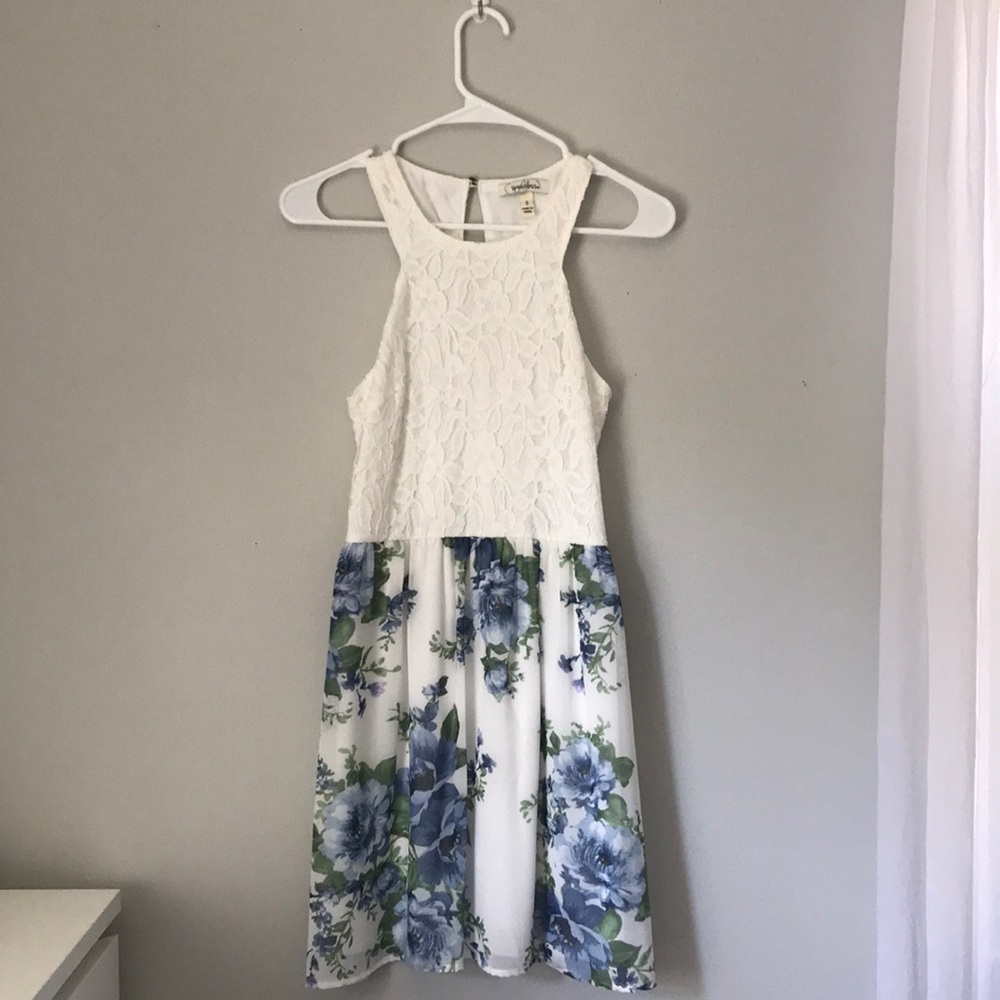 Macy’s mini white and blue lace dress